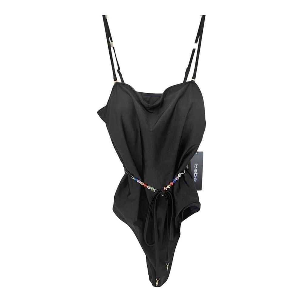 NWT Bebe Black One Piece Swimsuit Multicolor Gemstone Crystal Belt Size M